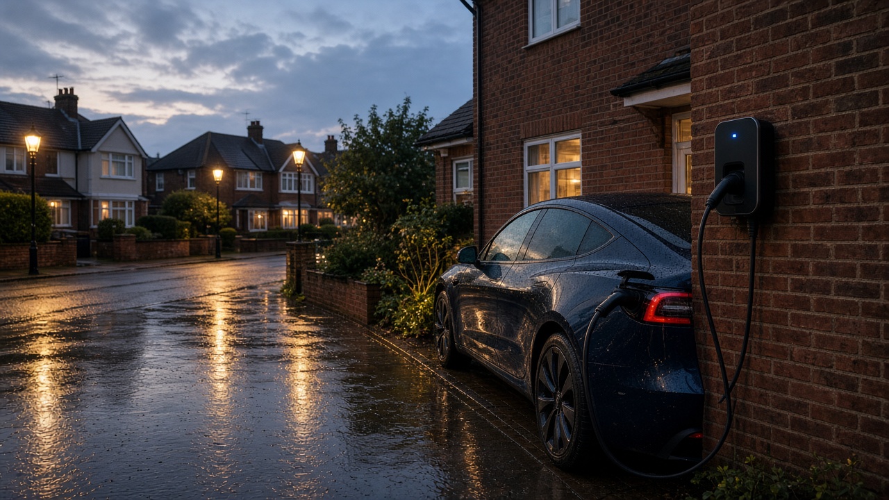 Tesla on a UK driveway plugged into a home wallbox at dusk