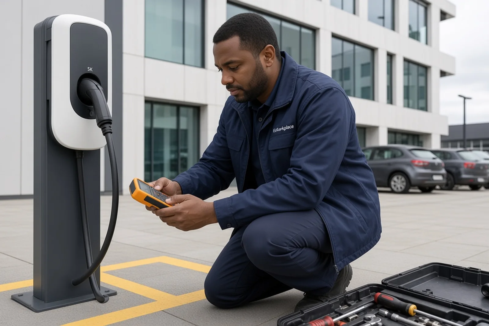 Installer commissioning a workplace EV chargepoint bay