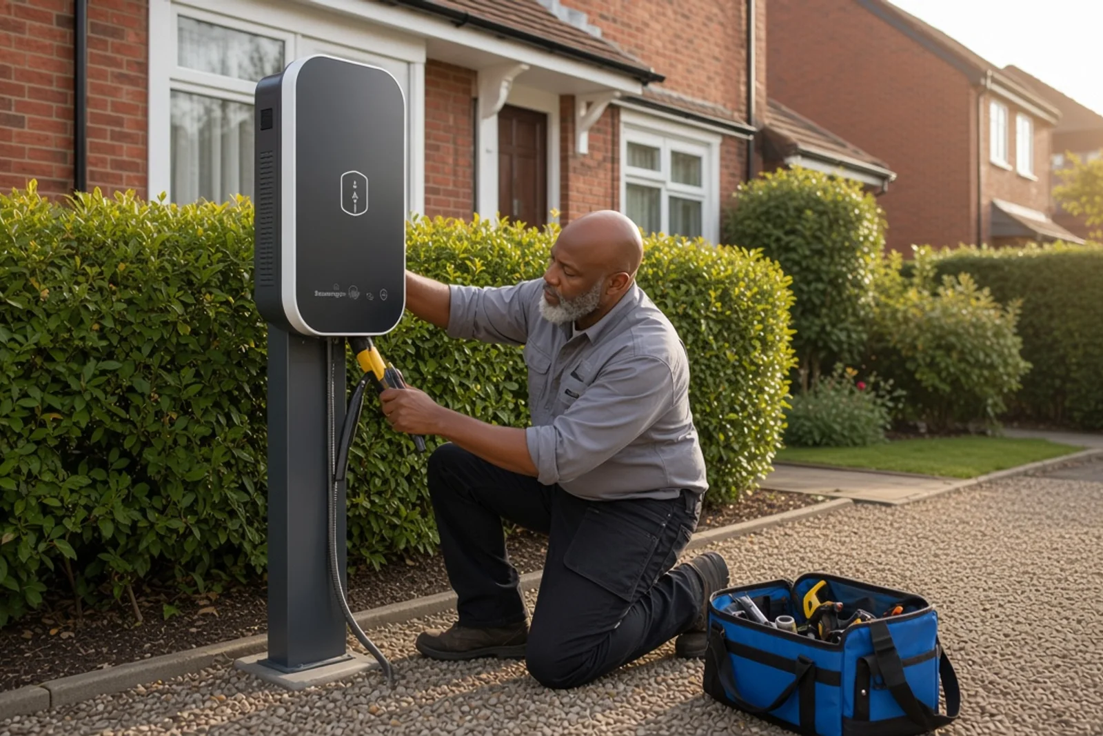 Electrician mounting a pedestal EV charger on gravel off-road parking
