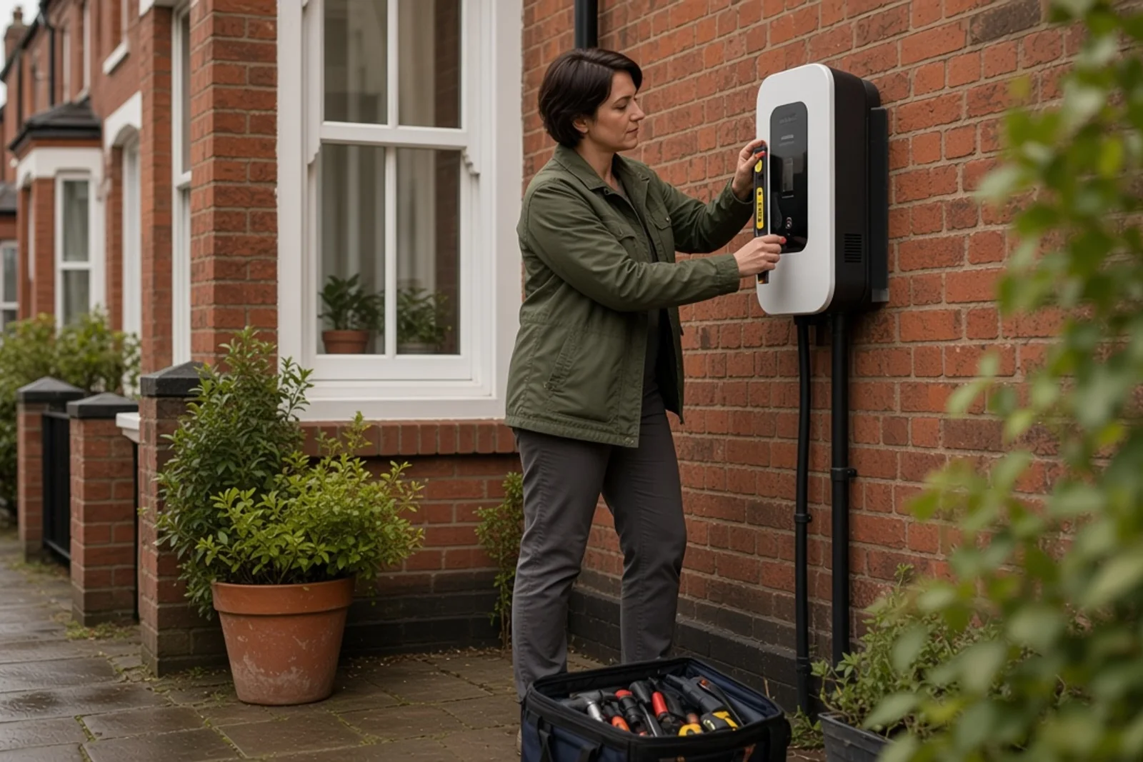 Installer fitting an EV charger on a terraced house front wall